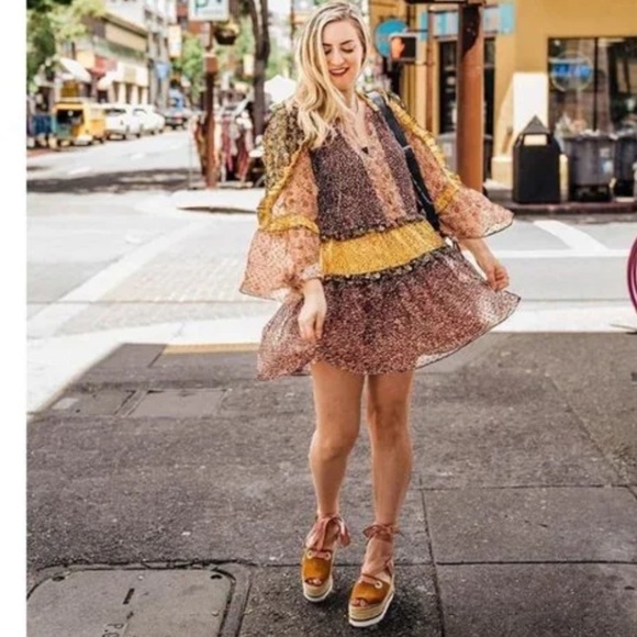 BOHO Fall Ruffle Floral Bohemian Mini Dress Size 4 - Picture 3 of 15